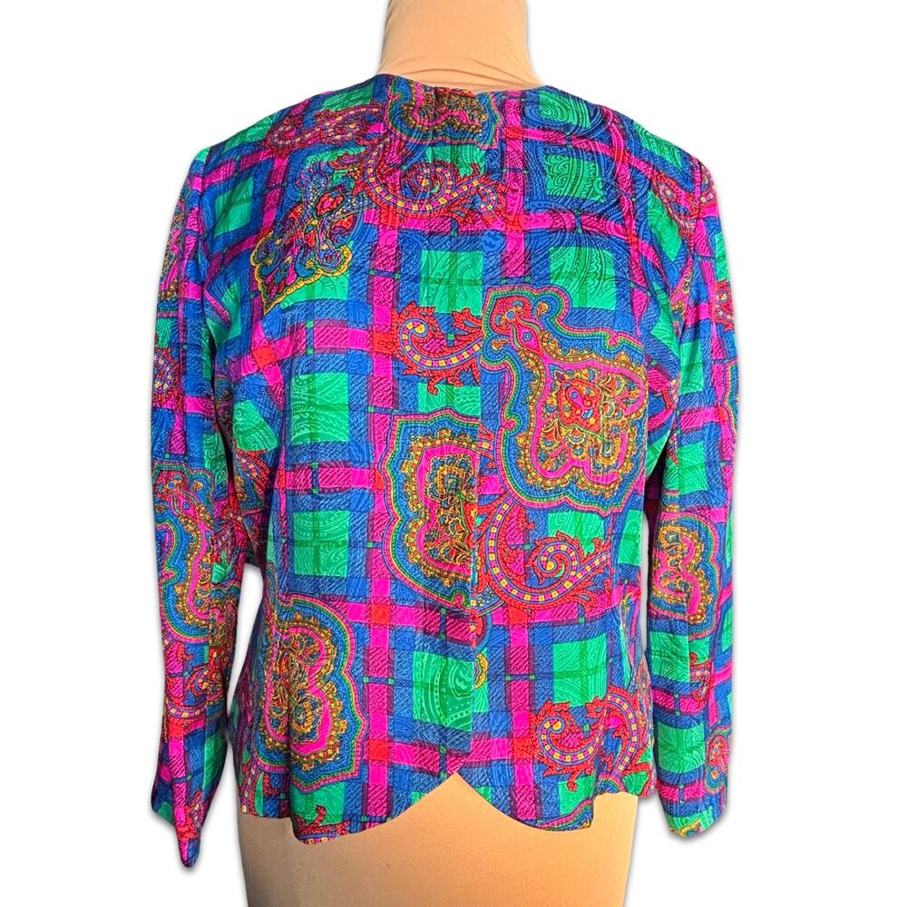 Vintage Anne Crimmins Colorful Silk Paisley Plaid Jacket Collarless Blazer 12
